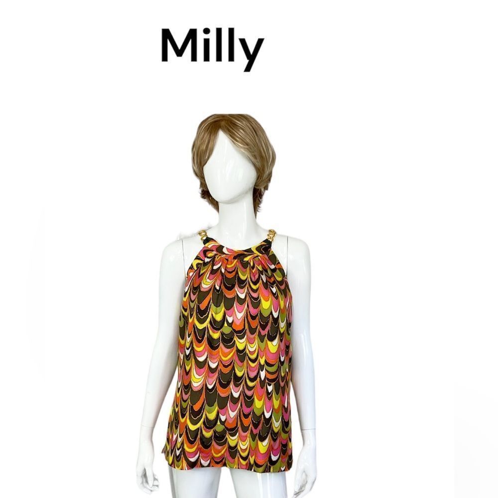 Milly Y2K Retro Colorful 100% Silk Halter Gold Chain Neck Top M
